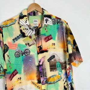 Zara Man California Santa Monica Pier Button Up Shirt S